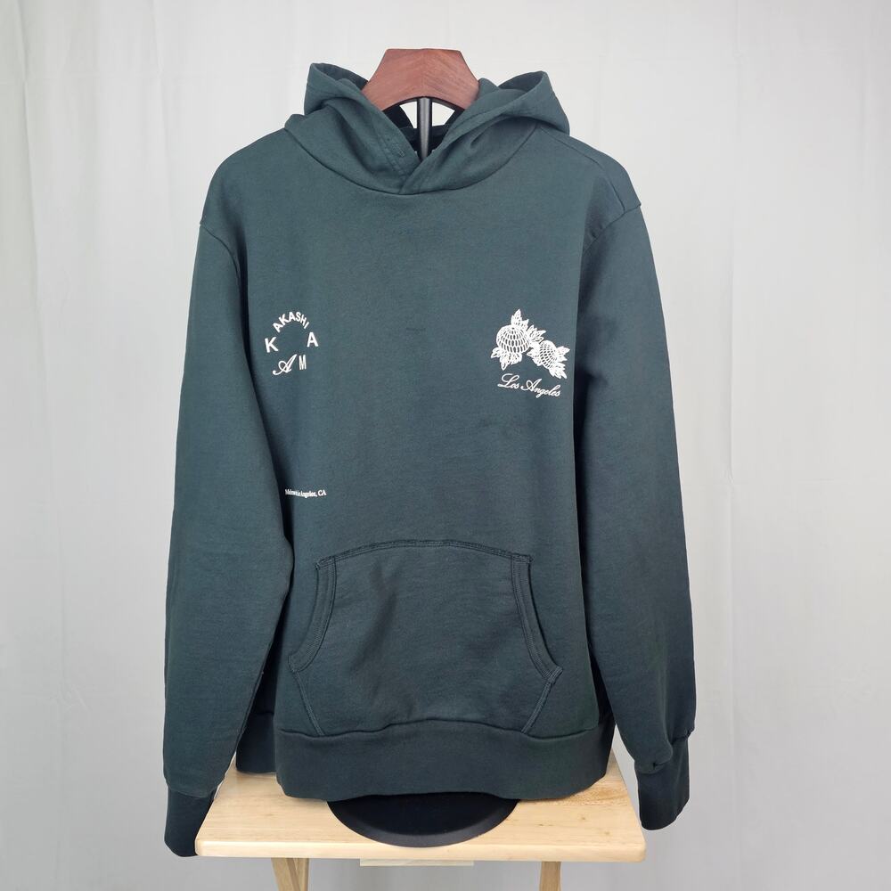 Akashi Kama Floral Graphic Hoodie Mens XL Dark Green Cotton USA